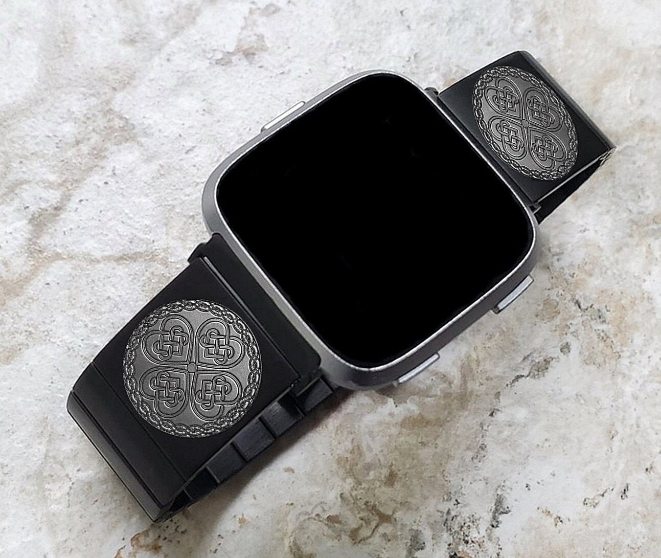 Engraved Watch Band Compatible with Fitbit Versa Lite 2 3 4 and Sense 2 Smartwatches Black Color Stainless Steel Bracelet Strap CC3